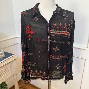 Chicos Black Embroidered Sheer Rayon Button Down Blouse Size 1 M Tribal Boho